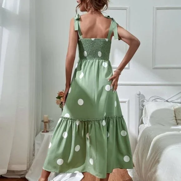 Green Polka Dot Tie Shoulder Cami Dress - Picture 3 of 6